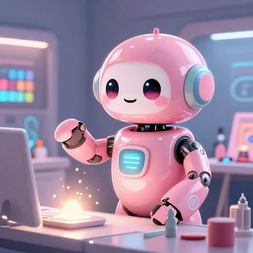 A cheerful pink maintenance robot tending a glowing AI art studio, soft cinematic light, polished illustration, production marker cutedslcanary1790697054db6a35