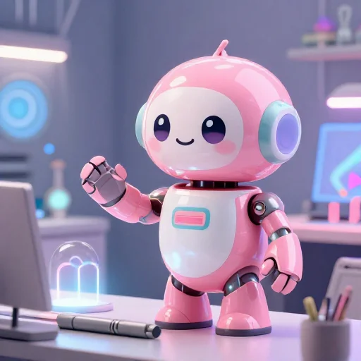 A cheerful pink maintenance robot tending a glowing AI art studio, soft cinematic light, polished illustration, production marker cutedslcanary1789184274de521c