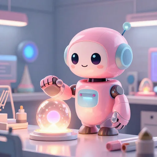 A cheerful pink maintenance robot tending a glowing AI art studio, soft cinematic light, polished illustration, production marker cutedslcanary17863534602b58ad