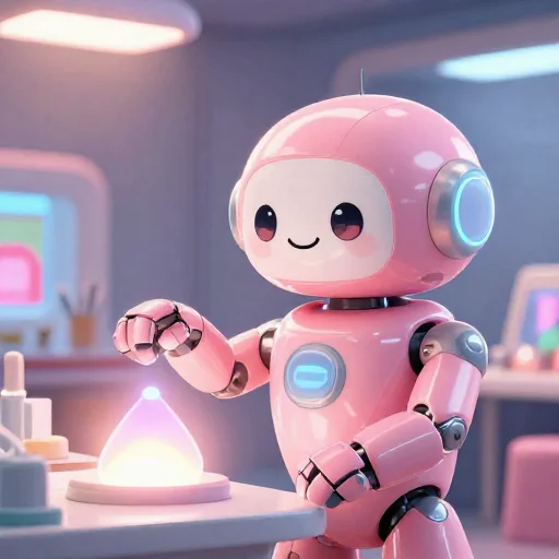 A cheerful pink maintenance robot tending a glowing AI art studio, soft cinematic light, polished illustration, production marker cutedslcanary1789227961ce8e19