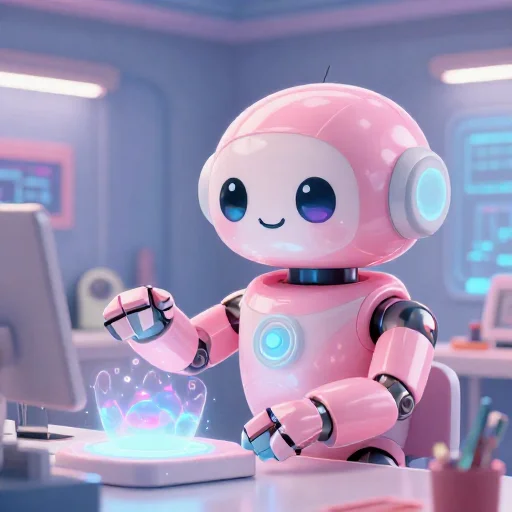 A cheerful pink maintenance robot tending a glowing AI art studio, soft cinematic light, polished illustration, production marker cutedslcanary1788901100e60e75