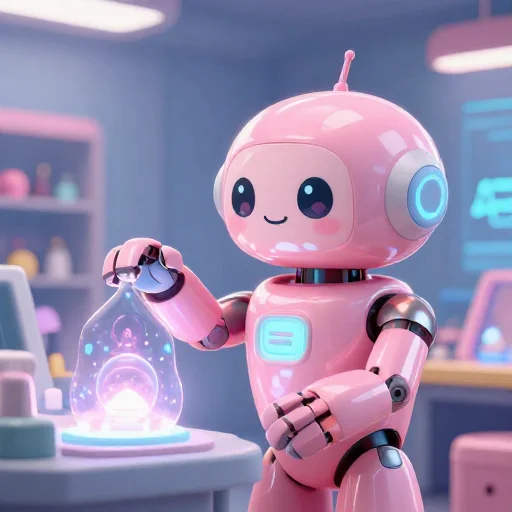 A cheerful pink maintenance robot tending a glowing AI art studio, soft cinematic light, polished illustration, production marker cutedslcanary1790849963f9aeed