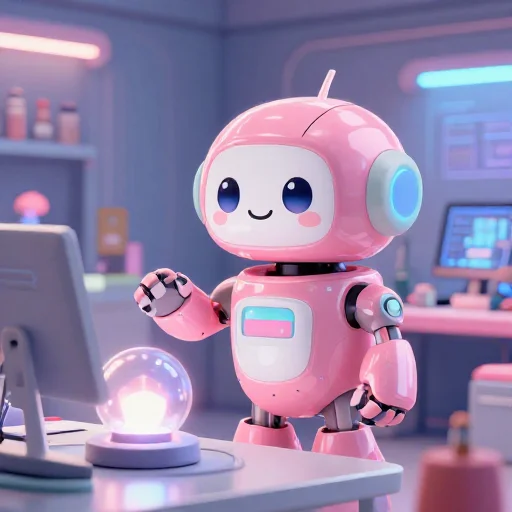 A cheerful pink maintenance robot tending a glowing AI art studio, soft cinematic light, polished illustration, production marker cutedslcanary17879632804ffb8f