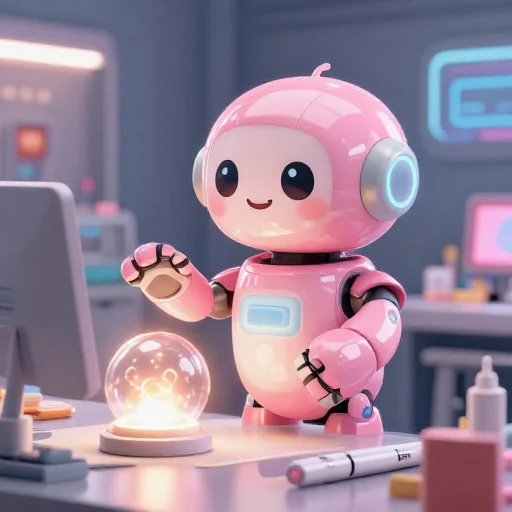 A cheerful pink maintenance robot tending a glowing AI art studio, soft cinematic light, polished illustration, production marker cutedslcanary17880938482b0735