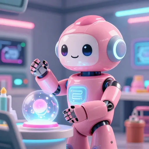 A cheerful pink maintenance robot tending a glowing AI art studio, soft cinematic light, polished illustration, production marker cutedslcanary17905879673e132b