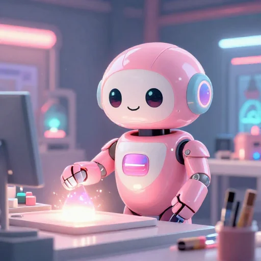 A cheerful pink maintenance robot tending a glowing AI art studio, soft cinematic light, polished illustration, production marker cutedslcanary1788770876da562d