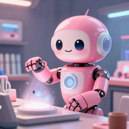 A cheerful pink maintenance robot tending a glowing AI art studio, soft cinematic light, polished illustration, production marker cutedslcanary1792530354fc57f3
