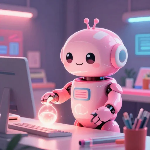 A cheerful pink maintenance robot tending a glowing AI art studio, soft cinematic light, polished illustration, production marker cutedslcanary17870365095227df