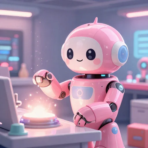 A cheerful pink maintenance robot tending a glowing AI art studio, soft cinematic light, polished illustration, production marker cutedslrepair1788660546