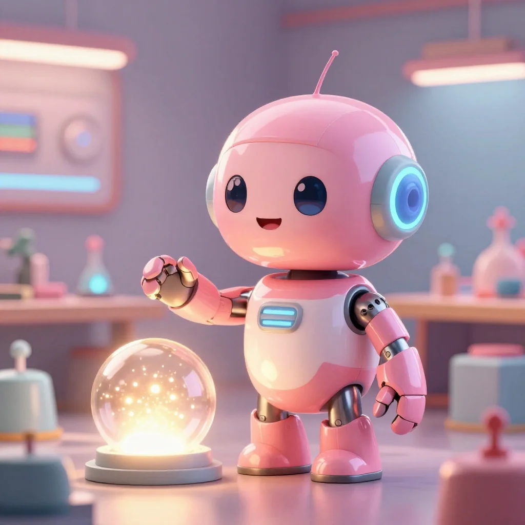 Production durability canary cutedslrepair178658282755e084: a cheerful pink maintenance robot tending a glowing AI art studio, cinematic light, polished detailed