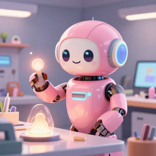A cheerful pink maintenance robot tending a glowing AI art studio, soft cinematic light, polished illustration, production marker cutedslcanary1792159546dd93bb