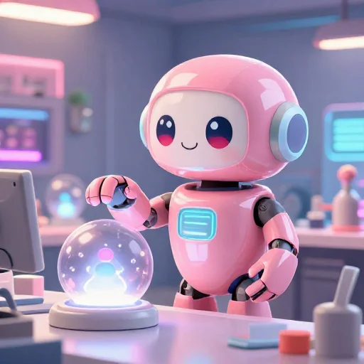 A cheerful pink maintenance robot tending a glowing AI art studio, soft cinematic light, polished illustration, production marker cutedslcanary1788290217b728eb