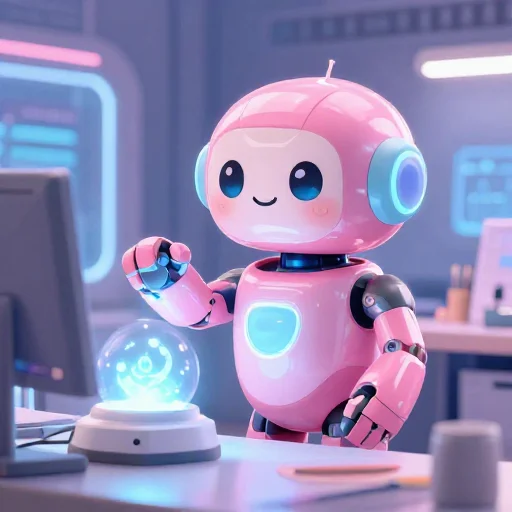 A cheerful pink maintenance robot tending a glowing AI art studio, soft cinematic light, polished illustration, production marker cutedslcanary1790959409c30c1e