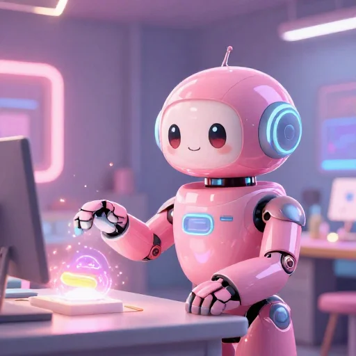 A cheerful pink maintenance robot tending a glowing AI art studio, soft cinematic light, polished illustration, production marker cutedslcanary17911558418b6b7f