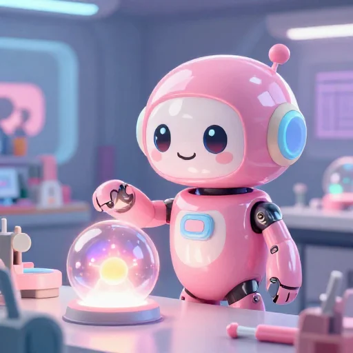 A cheerful pink maintenance robot tending a glowing AI art studio, soft cinematic light, polished illustration, production marker cutedslcanary1792356026771693