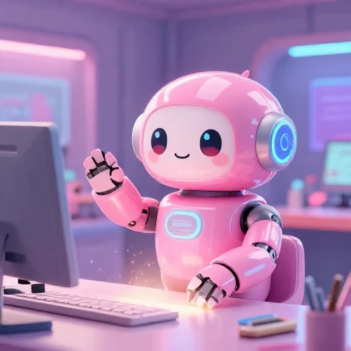 A cheerful pink maintenance robot tending a glowing AI art studio, soft cinematic light, polished illustration, production marker cutedslcanary1791177570c2b91d