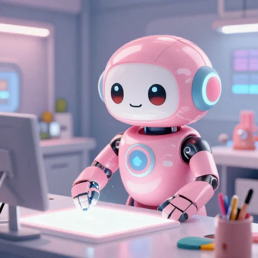 A cheerful pink maintenance robot tending a glowing AI art studio, soft cinematic light, polished illustration, production marker cutedslcanary17900997080aa363