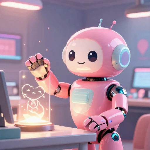 A cheerful pink maintenance robot tending a glowing AI art studio, soft cinematic light, polished illustration, production marker cutedslcanary17881806690c7fb0