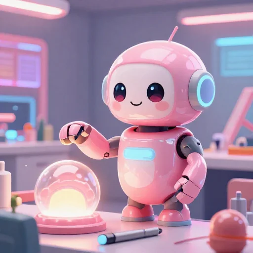 A cheerful pink maintenance robot tending a glowing AI art studio, soft cinematic light, polished illustration, production marker cutedslcanary1788595311de50f2