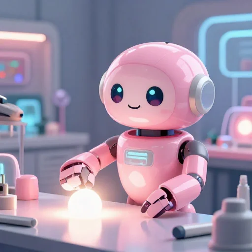 A cheerful pink maintenance robot tending a glowing AI art studio, soft cinematic light, polished illustration, production marker cutedslcanary1791963627fcdb2c
