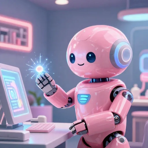 A cheerful pink maintenance robot tending a glowing AI art studio, soft cinematic light, polished illustration, production marker cutedslcanary1788966675306d3a