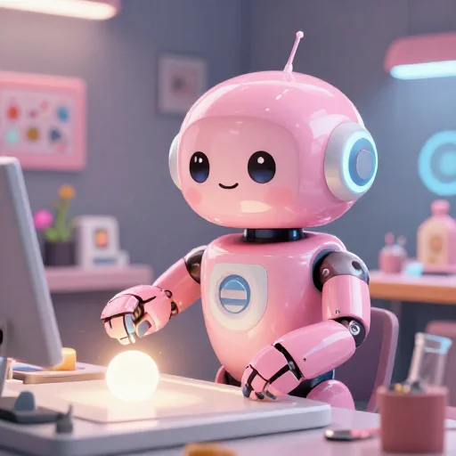 A cheerful pink maintenance robot tending a glowing AI art studio, soft cinematic light, polished illustration, production marker cutedslcanary1786606478ffefec