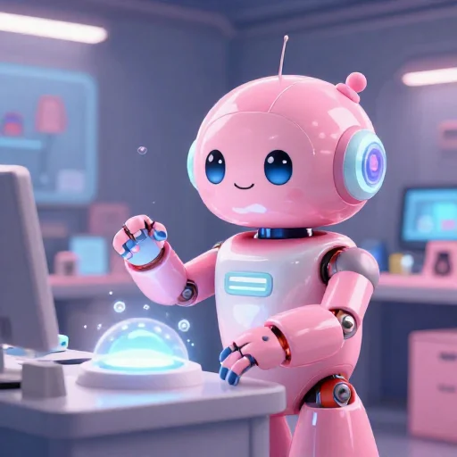 A cheerful pink maintenance robot tending a glowing AI art studio, soft cinematic light, polished illustration, production marker cutedslcanary1786418546857fc7