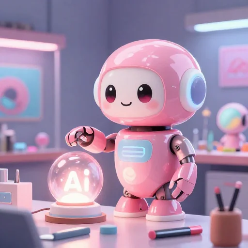 A cheerful pink maintenance robot tending a glowing AI art studio, soft cinematic light, polished illustration, production marker cutedslcanary1791614753d0cb6e
