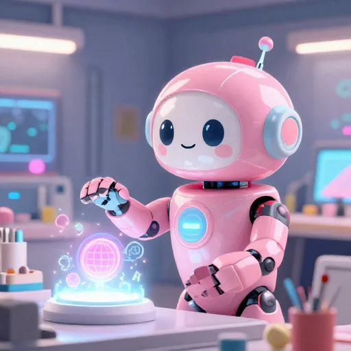 A cheerful pink maintenance robot tending a glowing AI art studio, soft cinematic light, polished illustration, production marker cutedslcanary1790456901efd6c4