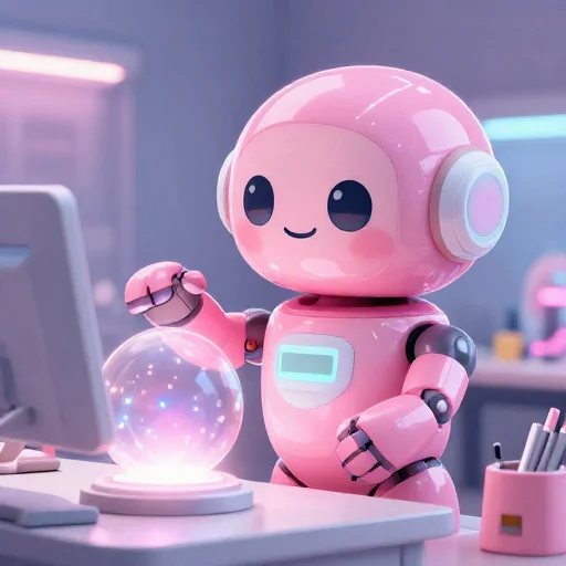 A cheerful pink maintenance robot tending a glowing AI art studio, soft cinematic light, polished illustration, production marker cutedslcanary1789968637a03509