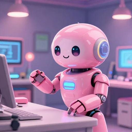 A cheerful pink maintenance robot tending a glowing AI art studio, soft cinematic light, polished illustration, production marker cutedslcanary1789687202cf79e9