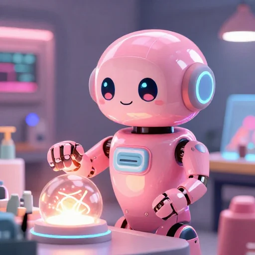 A cheerful pink maintenance robot tending a glowing AI art studio, soft cinematic light, polished illustration, production marker cutedslcanary179080623233cf6b