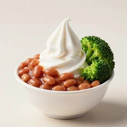 food photo still of frozen yogurt topped with baked beans and broccoli, 8 5 mm f 1. 8 studio lighting