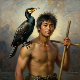 orientalist portrait painting of a fisherman with a cormorant on his shoulder, in romantic style, sfumato