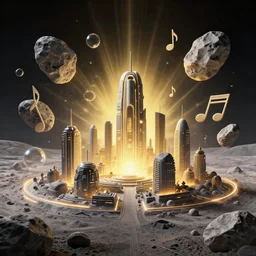 organic lunar city clearing with floating stones surrounded by stylized musical notes, terraformation, bubbles, radiant lighting, sylvain sarrailh, artstation, ismail inceoglu, liam brazier, petros afshar