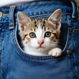 a really cute kitten inside a blue jean pocket, vivid colours, dark shadows, hyper - realistic, highly detailed, photograph
