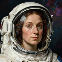 close - up portrait of a female astronaut. hyperdetailed modigliani canaletto renaissance painting pre - raphaelitism retro unreal engine iridescent matte background 8 k hd resolution