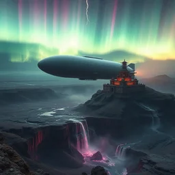hindenburg hovering next to himeji castle on danakil depression of the place with acid pools in mount roraima during autumn season on an interstellar aurora borealis with heavy thunder and lightning, pink waterfalls, lush, by peter mohrbacher, james jean, james gilleard, greg rutkowski, vincent di fate, rule of thirds, octane render, beautiful landscape