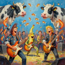 a detailed oil painting of a concert by going bananas with guitars while the gold fishes are stoned like a shrimp and smiling cows in the sky in the style of artist James Jean