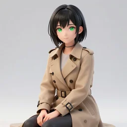 A hyper realistic 3d anime girl by WLOP with short black hair and green eyes in a tan trenchcoat sitting on a log and drinking tea by the campfire by her motorcycle at night under the stars, Unreal Engine 5