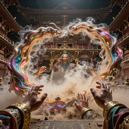 feedback loop , burst of powders ,volumetric lighting, twisting vapour, bellowing dust ,flowing shimmering iridescent fabrics, emerging hands and an ancient male bearded face , inside a huge traditional Japanese Royal ornate temple , full colour , upscale , 4k