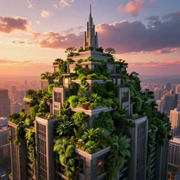from the top of a metropolis, the rooftops are surrounded by lush green vegetation, stunning volumetric lighting, sunset, stunning skies, trending on artstation, 8 k, photorealistic, hyper detailed, unreal engine 5, imax quality, cinematic, epic lighting, in the style of doom and quake and greg rutkowski