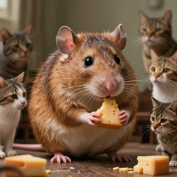 9, photo, emma watson as anthropomorphic furry - rat, 1 8 6 5 5, she is a real huge fat rat with rat body, cats! are around, eating cheese, highly detailed, intricate details