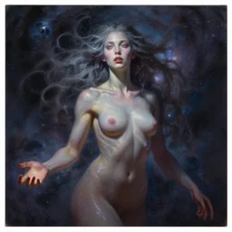 a beautiful female cosmic entity, painted by artgerm and tom bagshaw, fantasy art, dramatic lighting, highly detailed oil painting