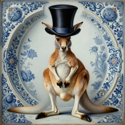kangaroo wearing a top hat, surrealist painting by igor morski, gediminas pranckevicius, beeple, ornament, porcelain, super - resolution, soft lighting, ray tracing global illumination, in a symbolic and meaningful style