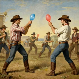 cowboys having a water balloon fight, hyper realistic, 1 7 0 0 s style renaissance painting