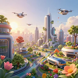 Sunrise over solarpunk city, colorful flowers and flower petals floating in the air, many trees and plants, futuristic flying vehicles and drones, archdaily, architectural digest, busy streets filled with people, sun rays, vines, vertical gardens, utopia, beautiful glass and steel architecture, extreme detail, futuristic