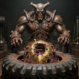 movie still of star demon tire, machine scales, macerated by age, sentient, dethroned goliath machine, blood turbines, hydrocracking battles, rusted, macerated, eviscerated by fimbria wires, bicornate fungal pit burial, brass sheen rotting, by alberto bontempi, jack kirby, alex ross, shigeru komatsuzaki