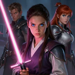 blue eyed brunette girl!! pink lightsaber! jedi, fire emblem, art by artgerm and greg rutkowski and magali villeneuve, portrait, d & d, fantasy, highly detailed, digital painting, trending on artstation, concept art, sharp focus, illustration