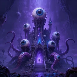 Eldritch Organic castle of The Void made of eyeballs and tentacles, Purple and Blue colored, 4k, masterpiece, cinematic, glowing, by Greg Rutkowski, Trending on Artstation, Behance. Polished, Volumetric Lighting